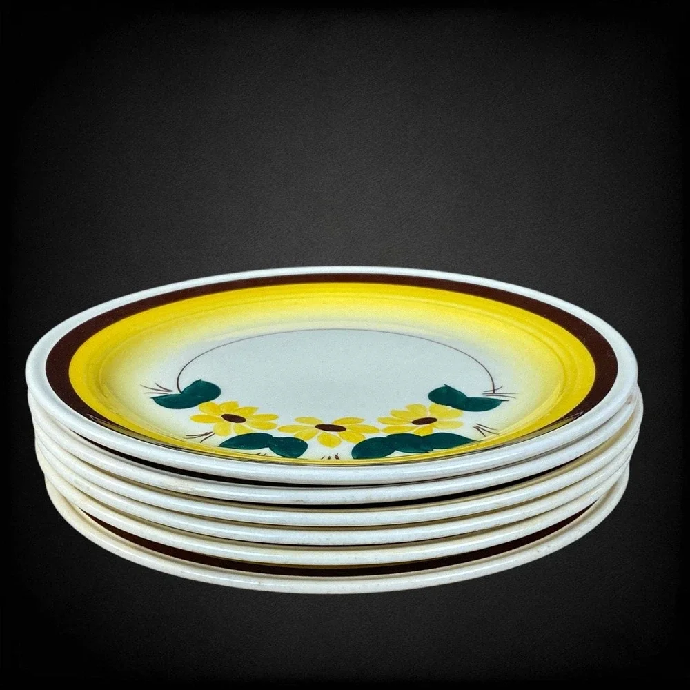 6 Vernonware Vernon Kilns Brown Eyed Susan Salad Plates Metlox 1940s 50s